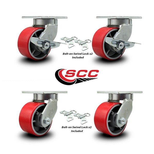 Service Caster 6 Inch Heavy Duty Red Poly on Cast Iron Caster Swivel Locks 2 Brakes, 4PK SCC-KP92S630-PUR-RS-SLB-BSL-2-BSL-2 - main